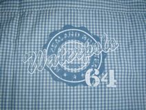 VINROSE blouse (lichtblauw) in klein ruitje met stoere opdruk achterzijde, maat 140 en 152